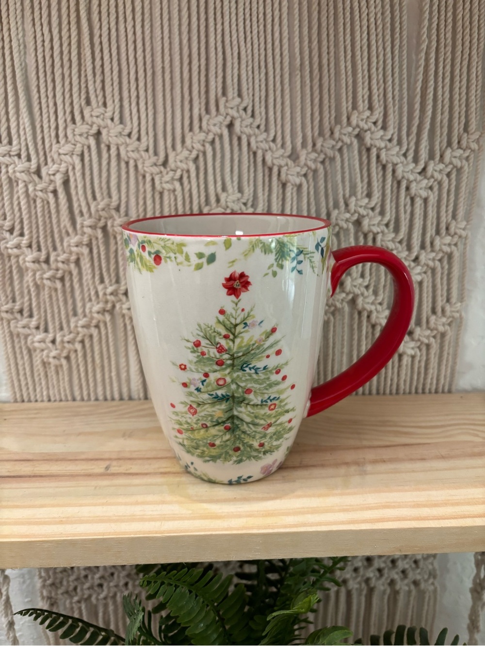The Pioneer Woman Holiday Cheer 26oz mug with a Christmas tree design